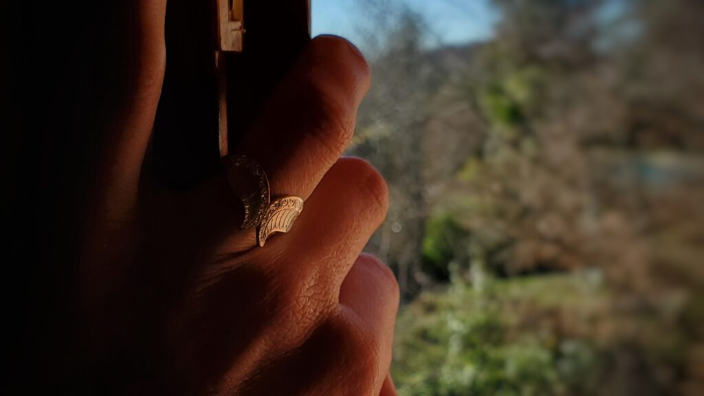 main avec bague dans obscurité face à paysage tenant le cadre d'une fenêtre