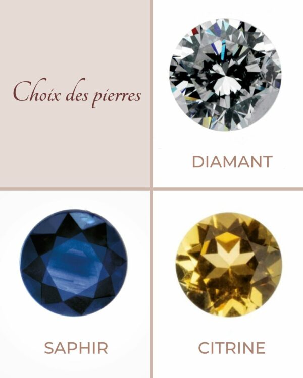 Trois pierres au choix: diamant, saphir et citrine.